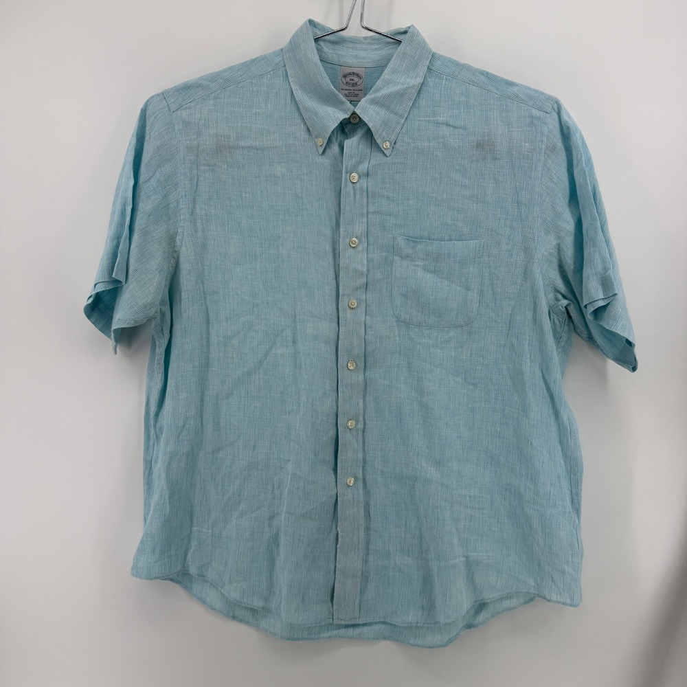 Brooks Brothers Shirt Men XXL Blue Stripe Linen Slim Fit Short Sleeve ButtonDown